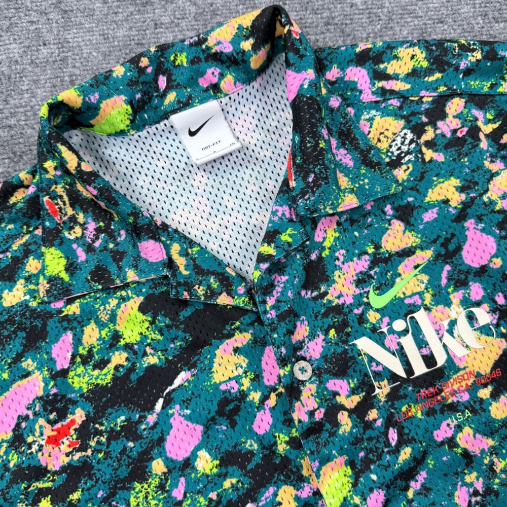 Nike Button Up Shirt Small Green Multi Trek Division Dri-Fit Mesh S/S Men's